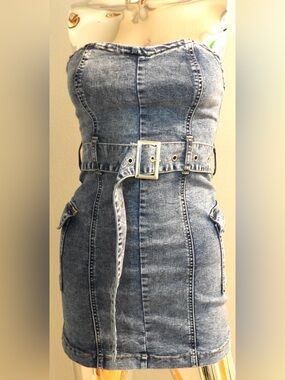 SHEIN Stonewash Blue Denim Belted Strapless Jean Dress XS